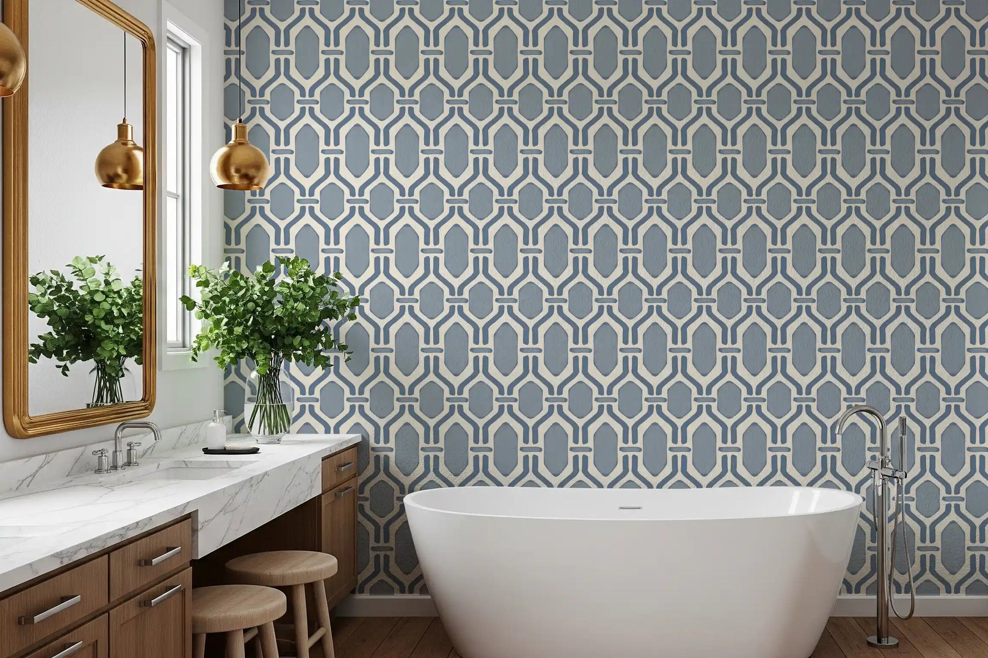 Bathroom interior highlighting the Art Deco Trellis Slate Blue Wallpaper.