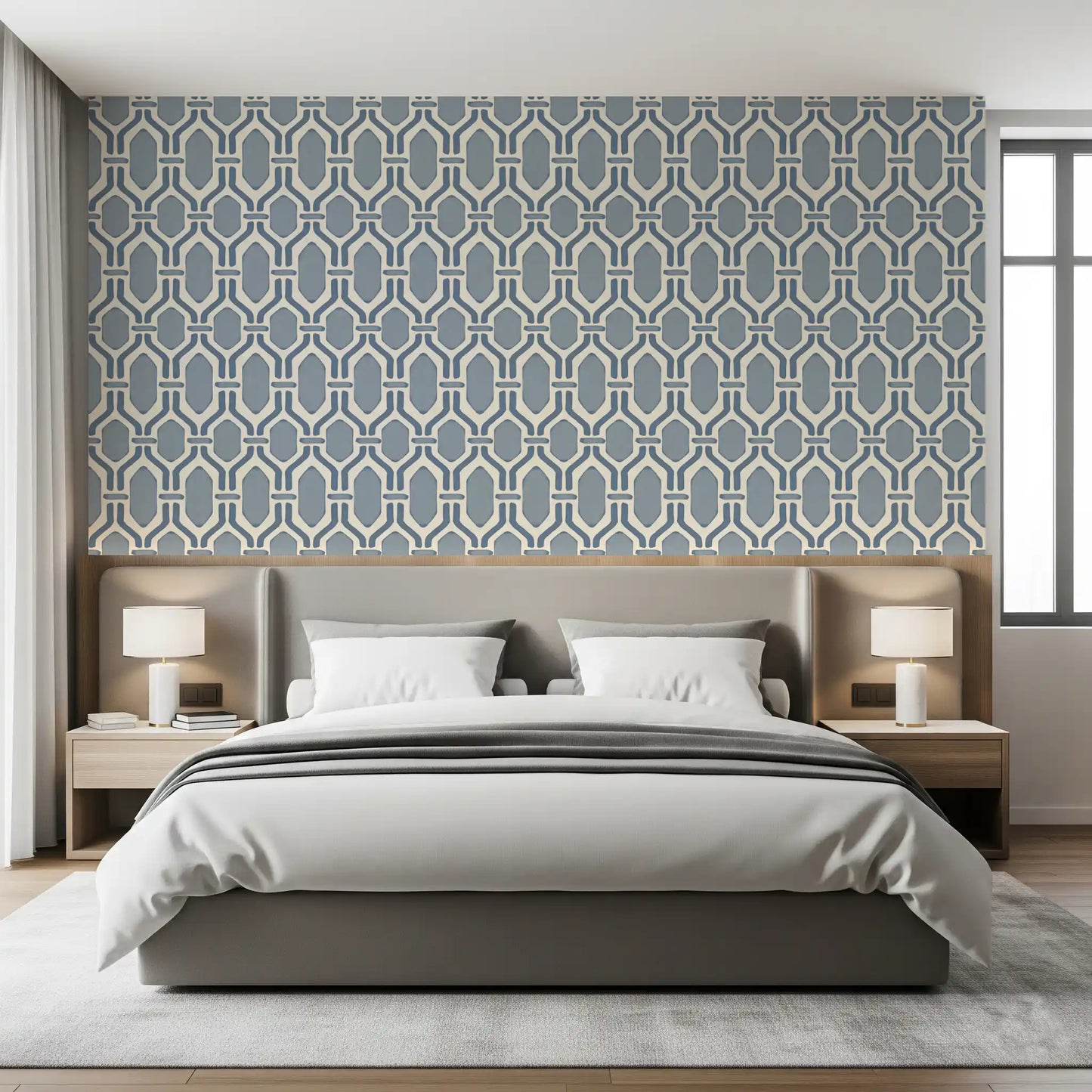 Cozy bedroom setting finished with a slate blue wallpaper.