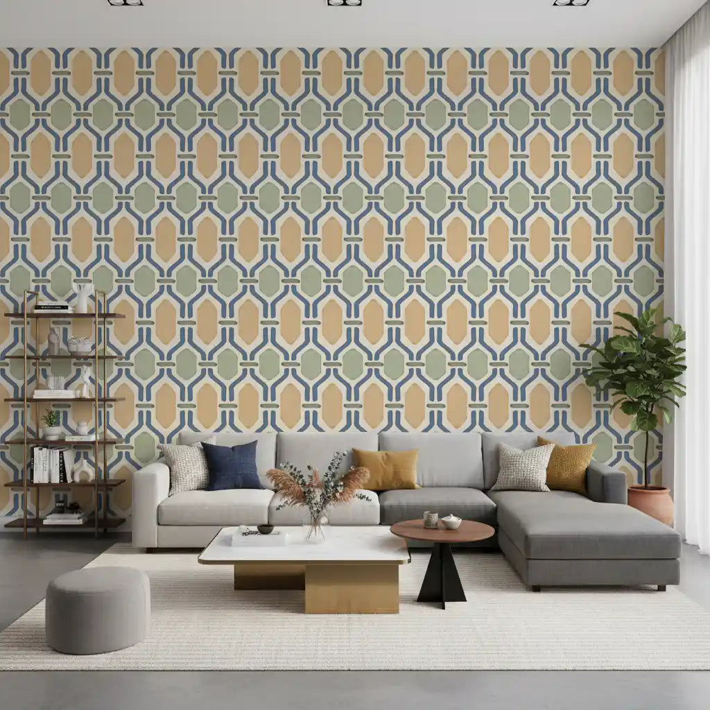 Symmetrical lines creating a beautiful rhythm on the Art Deco Trellis Wallpaper.