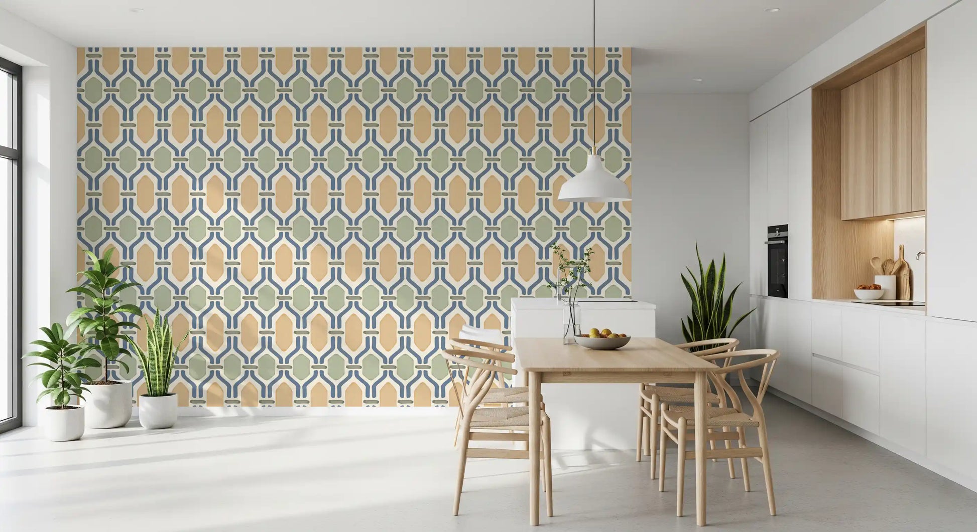 Interlocking shapes flowing seamlessly across this retro Trellis wallpaper.