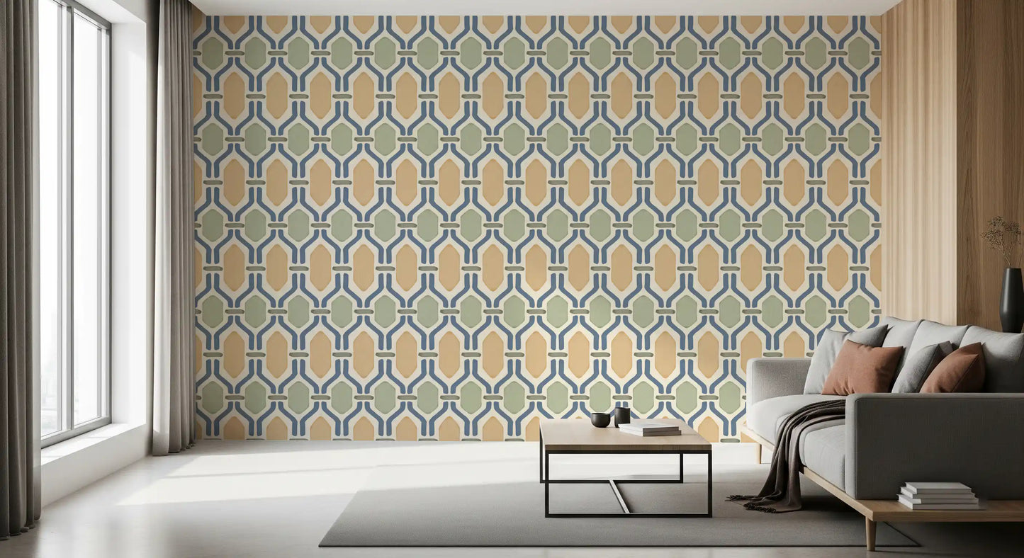Bright Living room setting highlighted by a uniquely patterned Deco wallpaper surface.