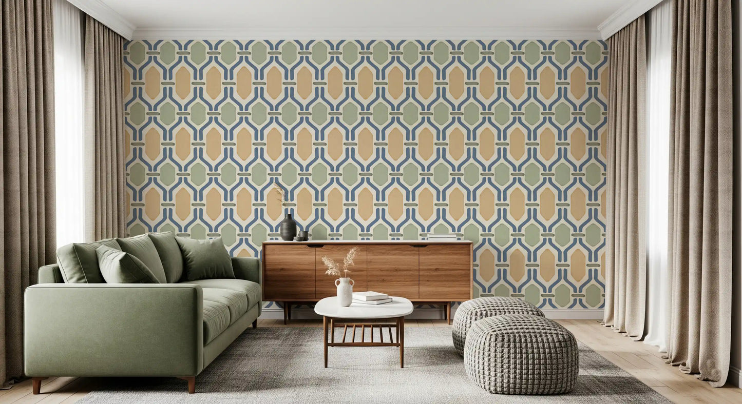 Peaceful Living room atmosphere perfectly by a retro Deco wallpaper.