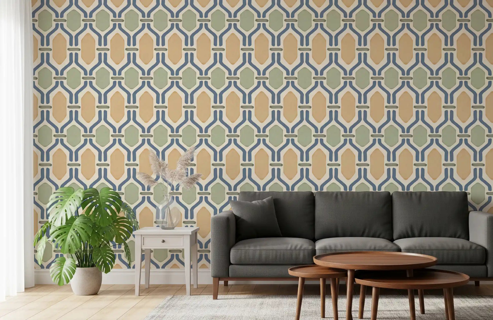 Beautiful lounge area completely covered in a perfectly symmetrical Trellis wallpaper.