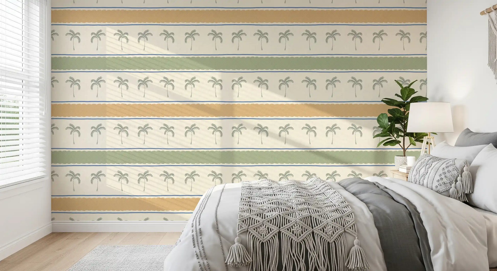Marrakesh Orizzontal Striped Ornament Wallpaper emphasizing palm tree motifs.