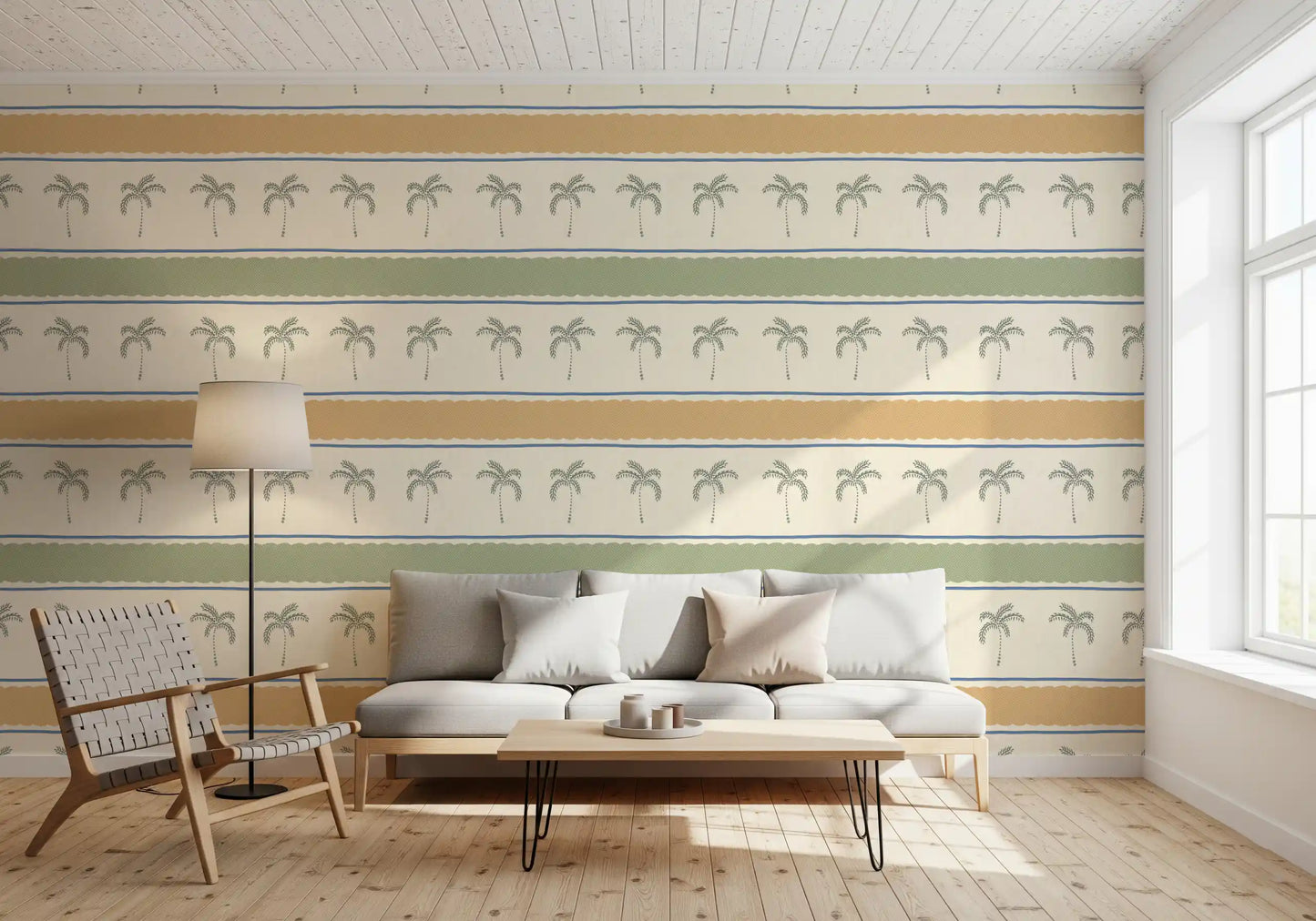 A modern living room layout accented by the Striped wallpaper aesthetics.