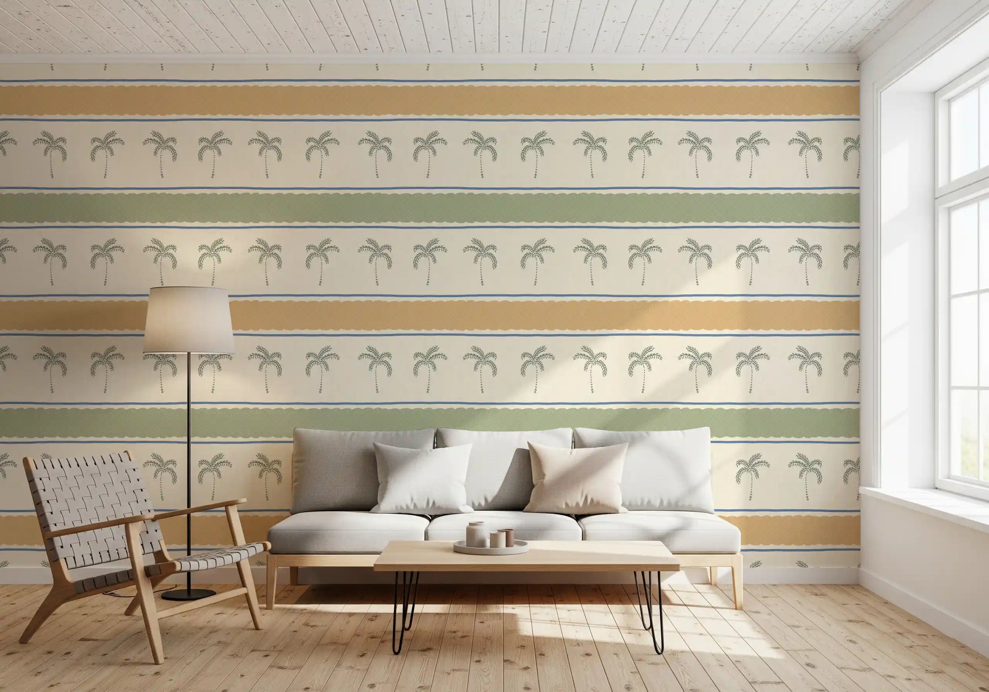 A modern living room layout accented by the Striped wallpaper aesthetics.
