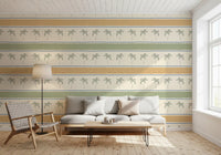 A modern living room layout accented by the Striped wallpaper aesthetics.