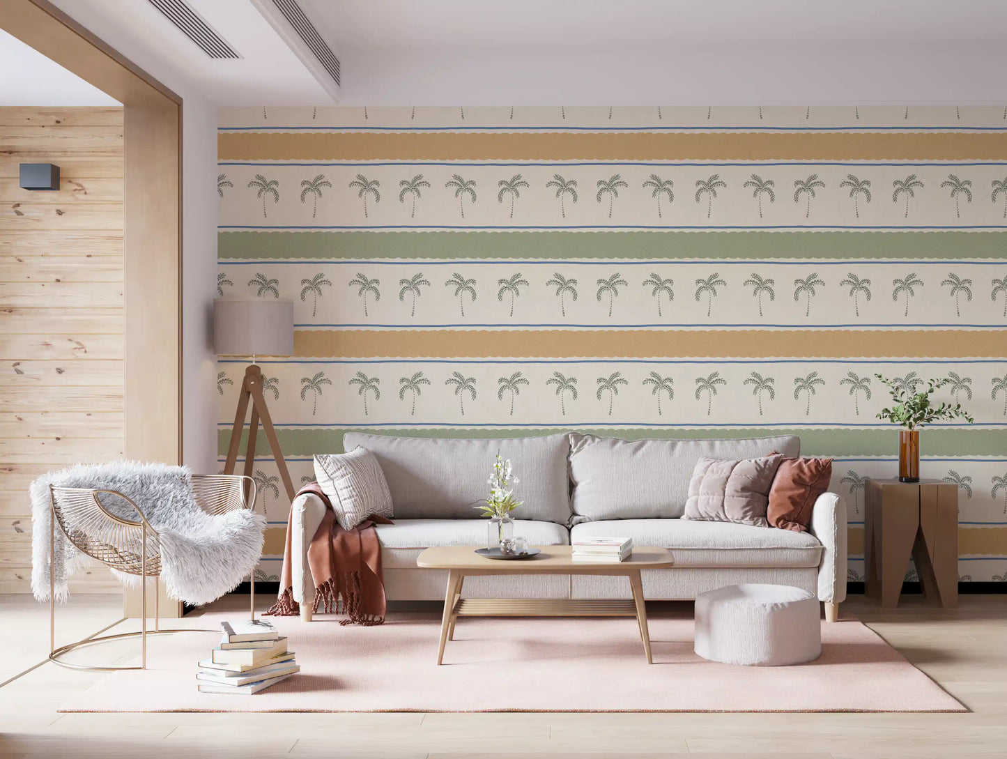 Bright living room interior upgraded by the horizontal Marrakesh Orizzontal Striped Ornament Wallpaper.