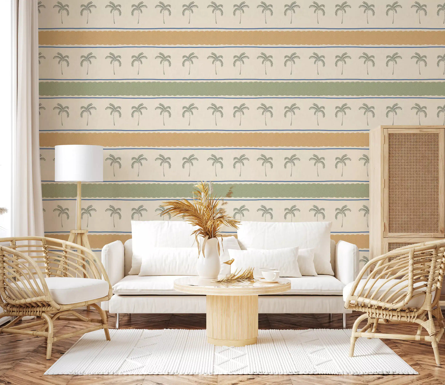Cozy living room backdrop built with the gorgeous Marrakesh wallpaper.