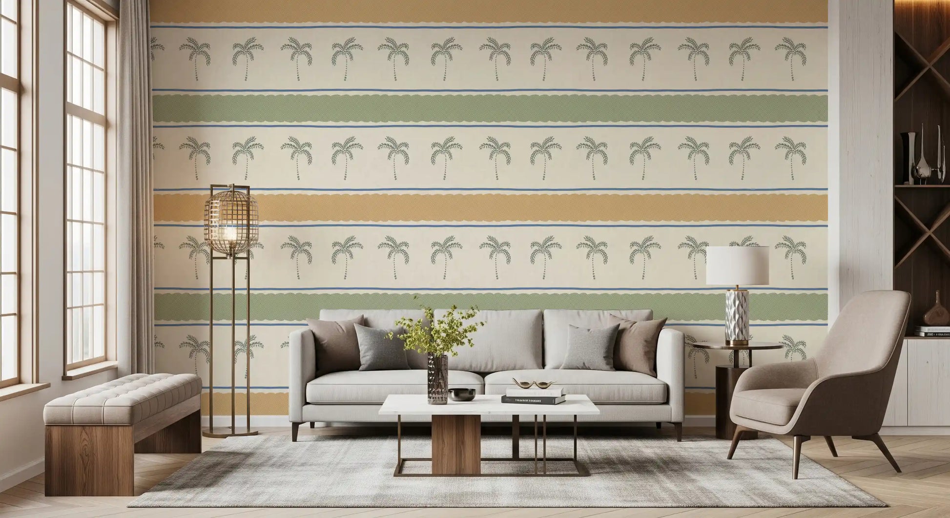 The relaxing Ornament wallpaper style installed across a large lounge area