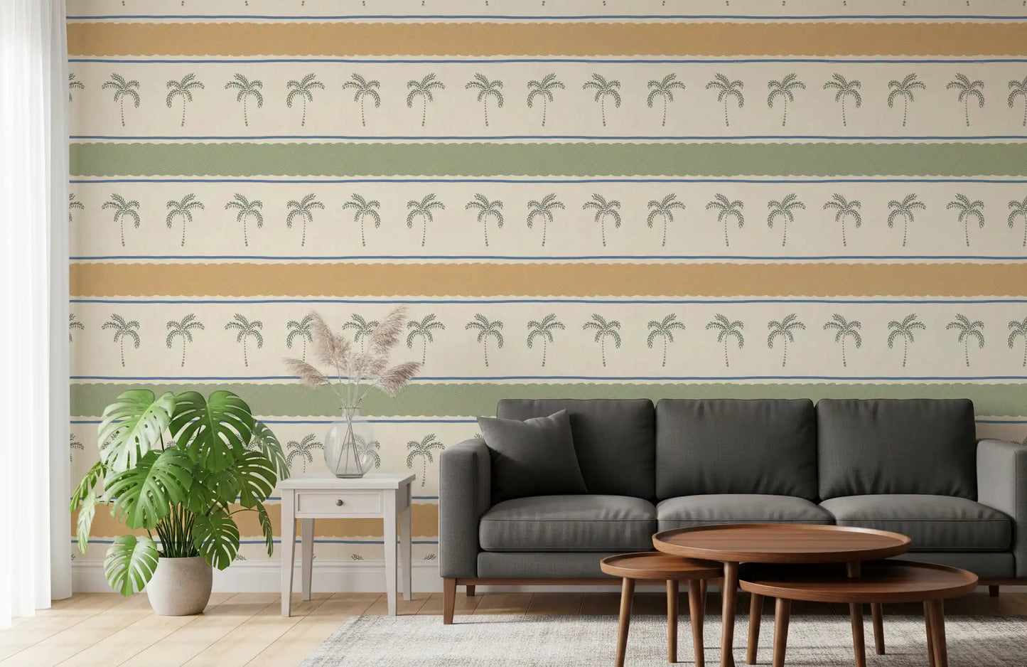 Marrakesh Orizzontal Striped Ornament Wallpaper enhancing a peaceful lounge setting.