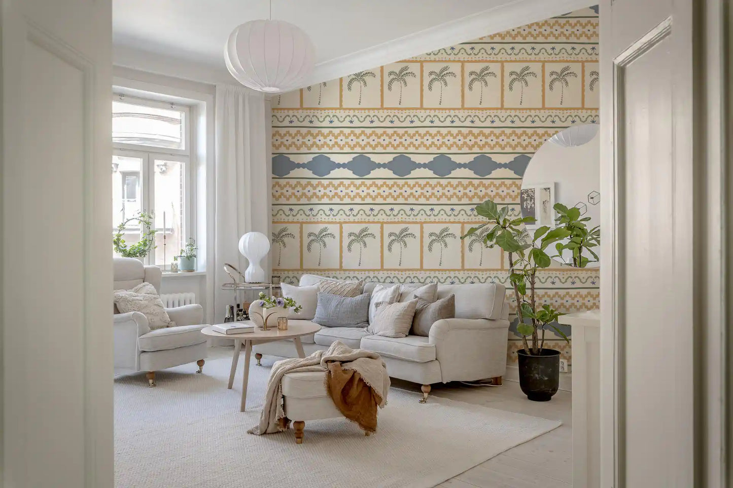 Living room matching the gorgeous Marrakesh wallpaper backgroun