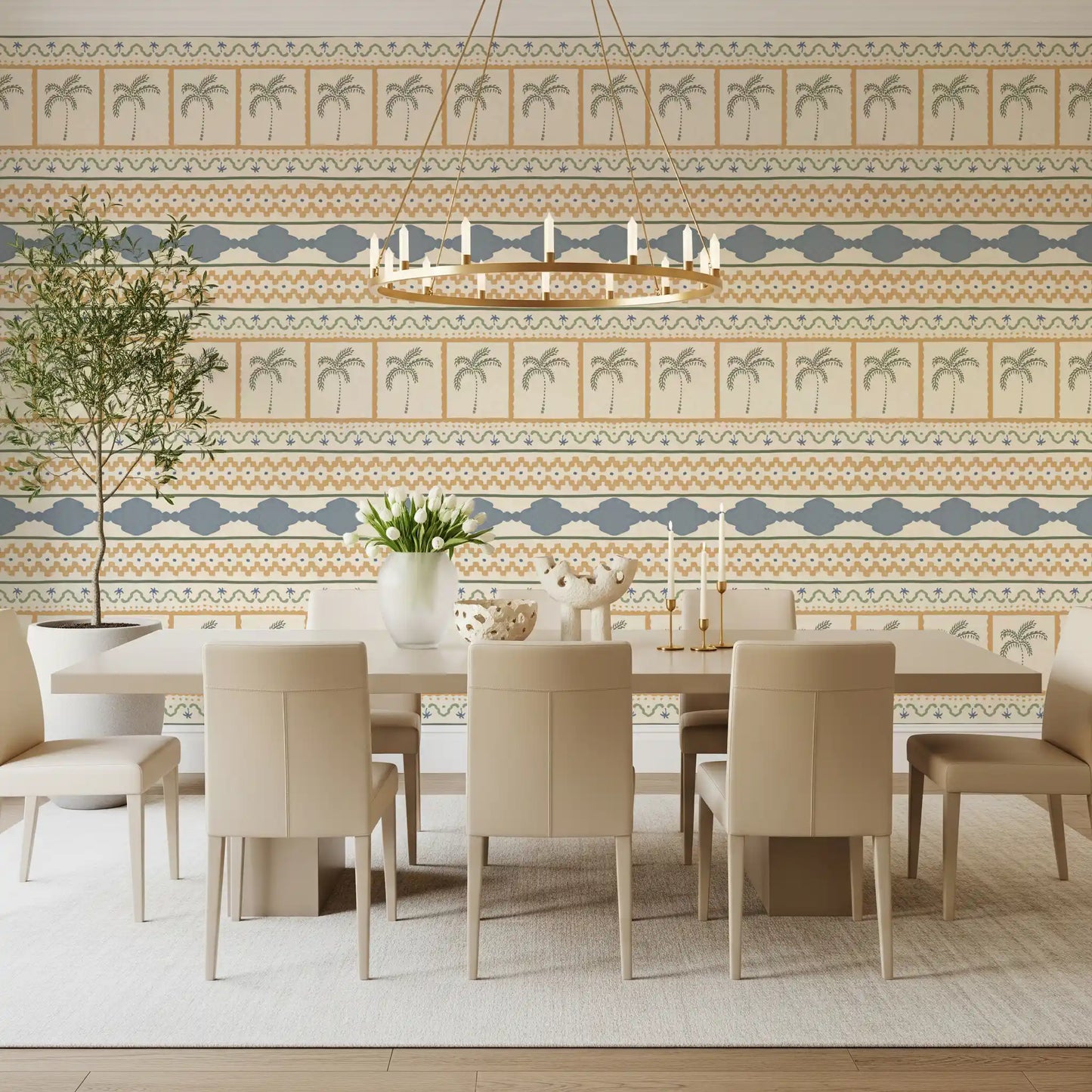 Delicate palm tree motifs embedded in this Marrakesh wallpaper
