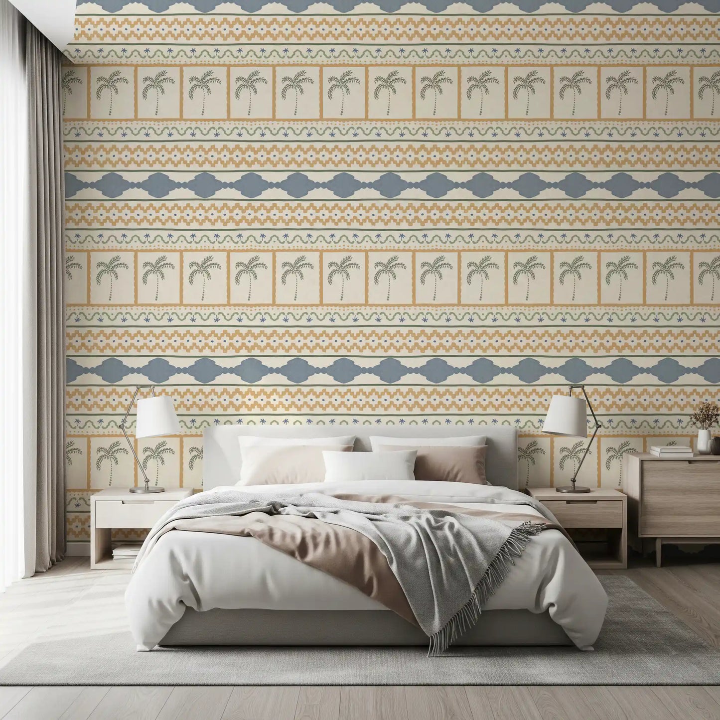 Cozy bedroom highlighted by a beautiful Marrakesh wallpaper