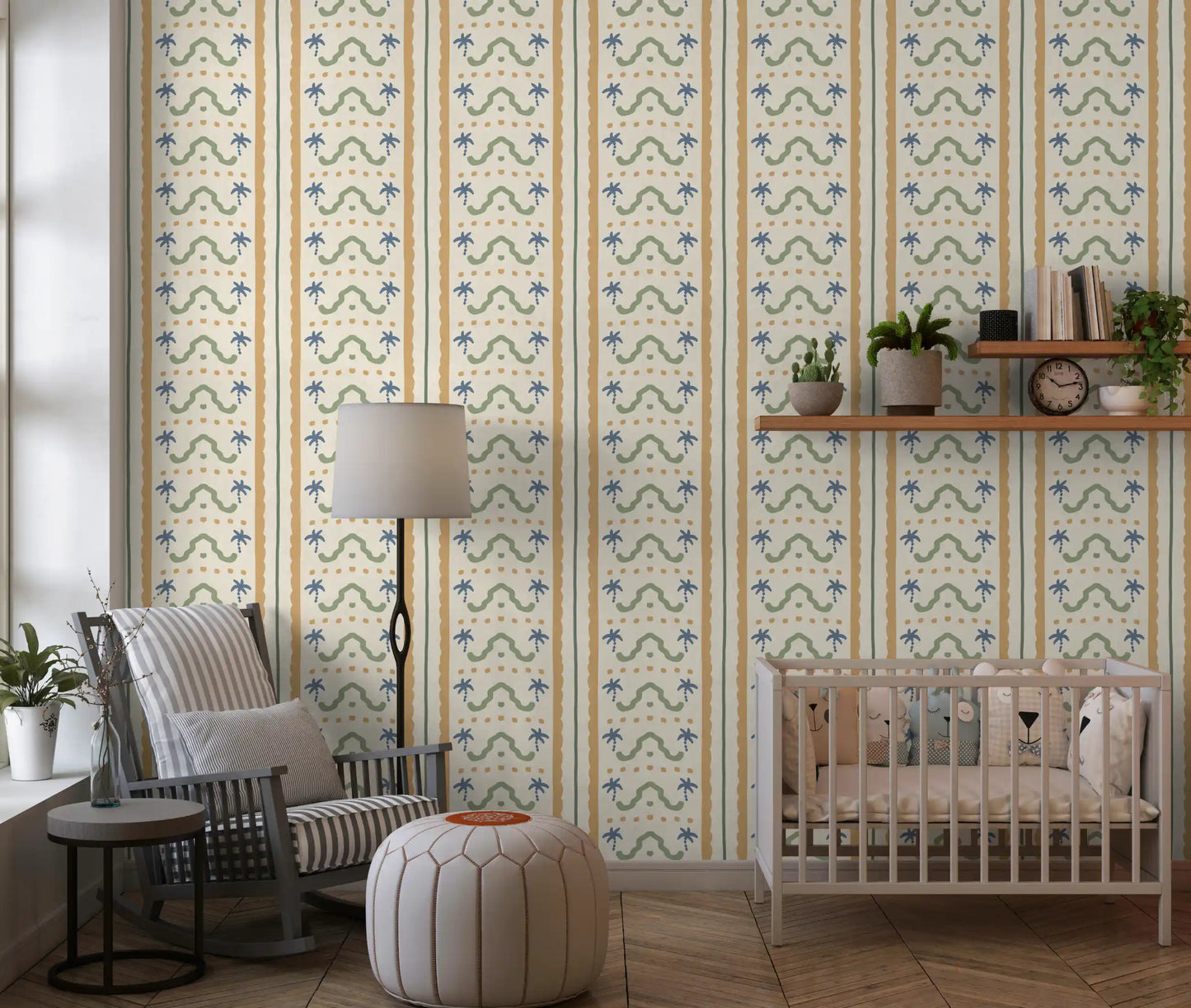 Charming nursery interior featuring a beautiful Marrakesh wallpaper.