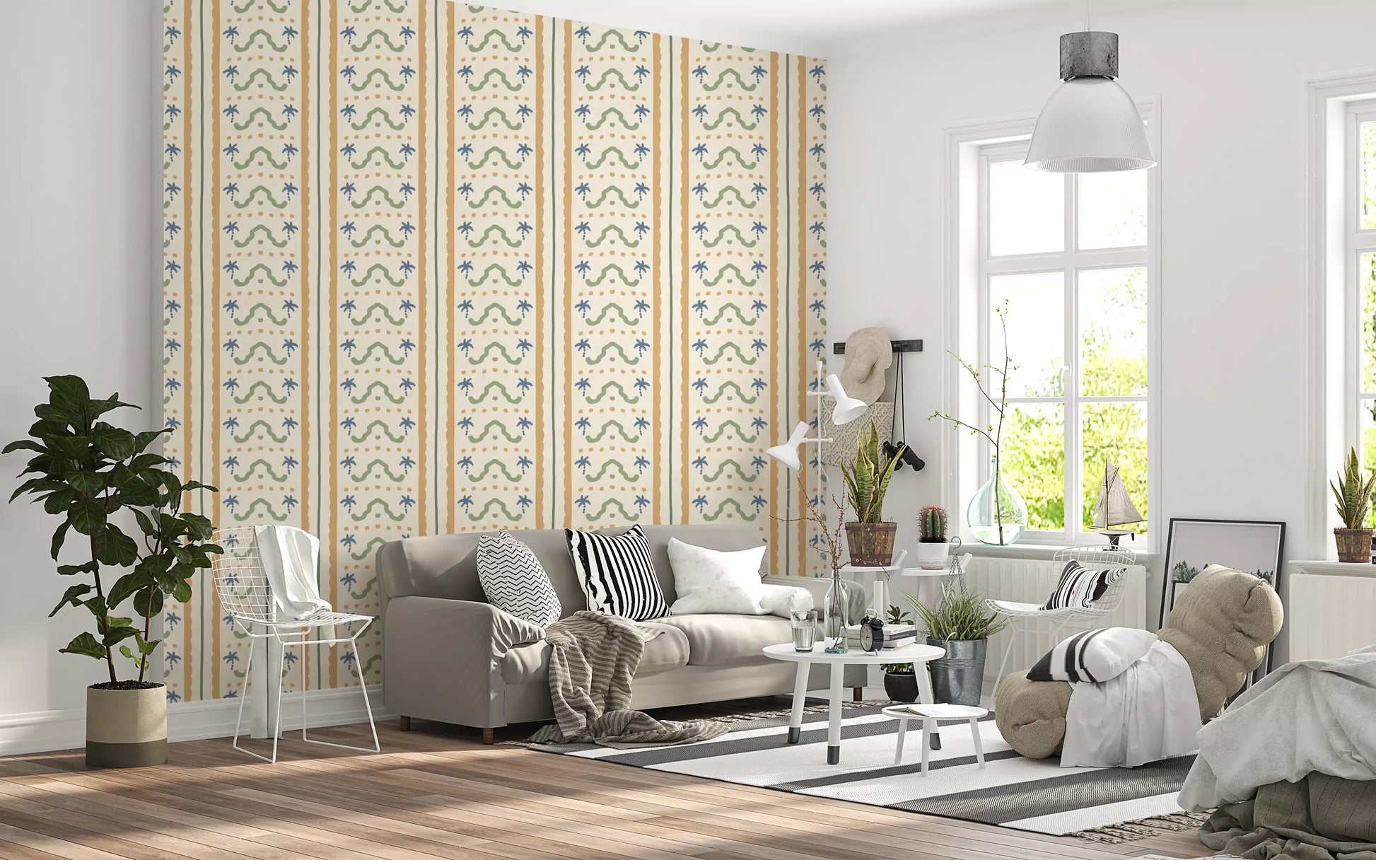 Minimalist living space displaying the Marrakesh Striped Ornament Wallpaper