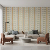 Yellow wavy lines featured in the Marrakesh Striped Ornament Wallpaper.