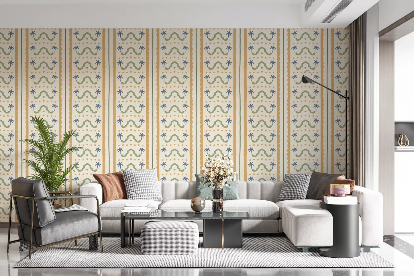 Tropical motifs and green linear details on a striped Marrakesh wallpaper.