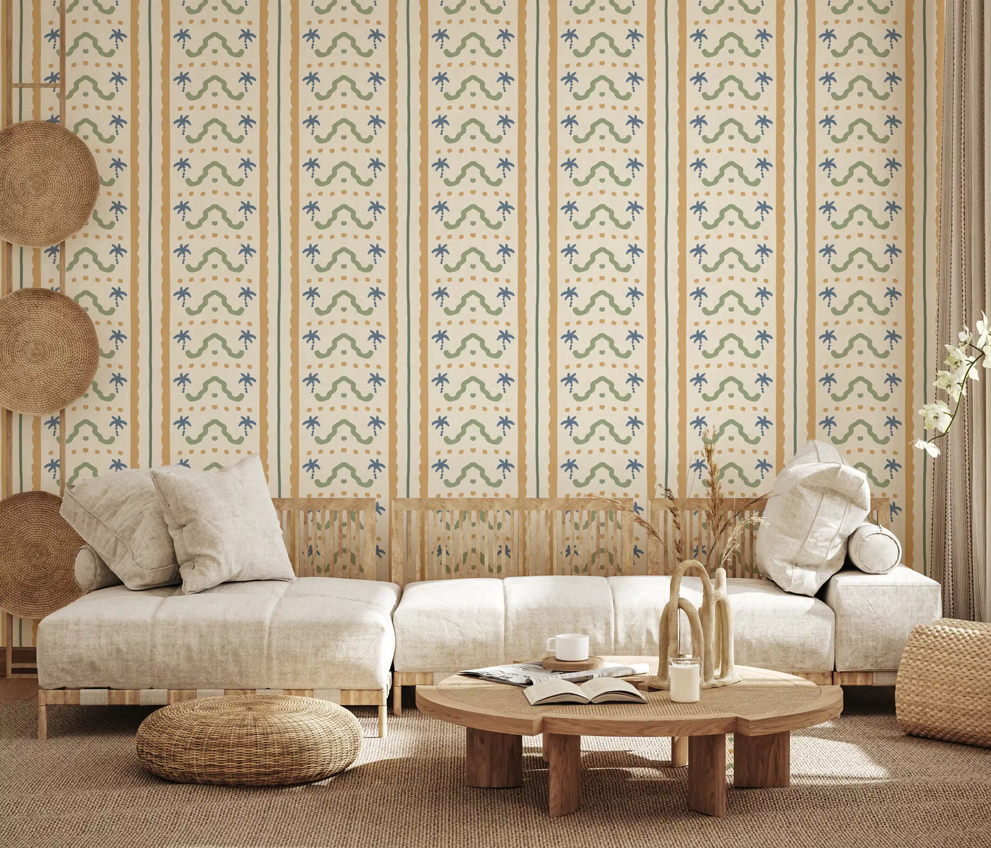 living room showcasing a tropical Marrakesh wallpaper pattern.