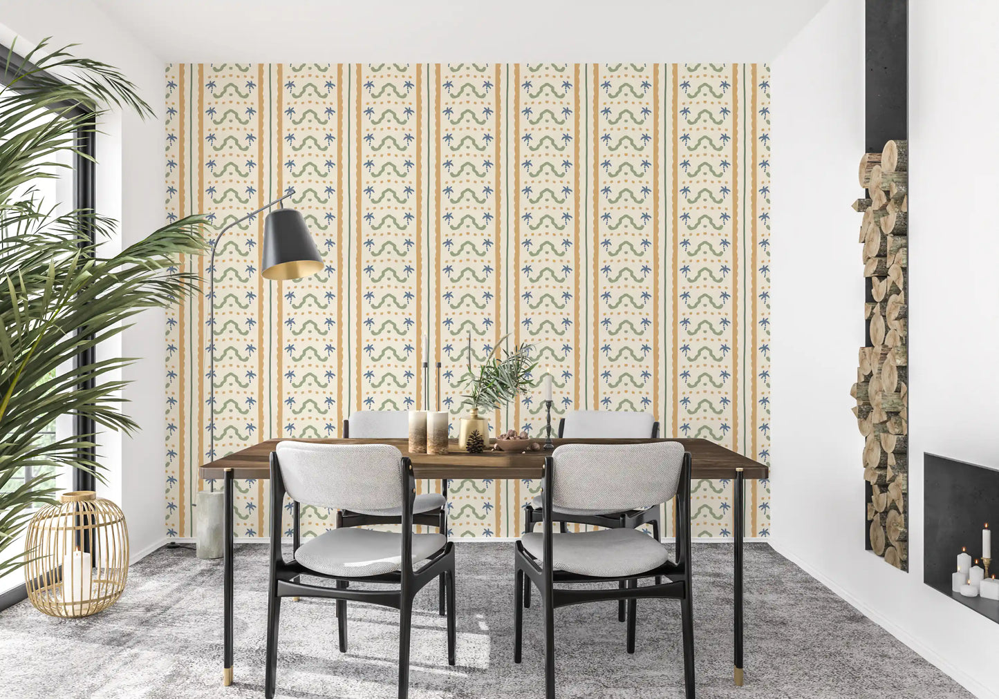 Intricate blue palm trees on a beige Marrakesh wallpaper.