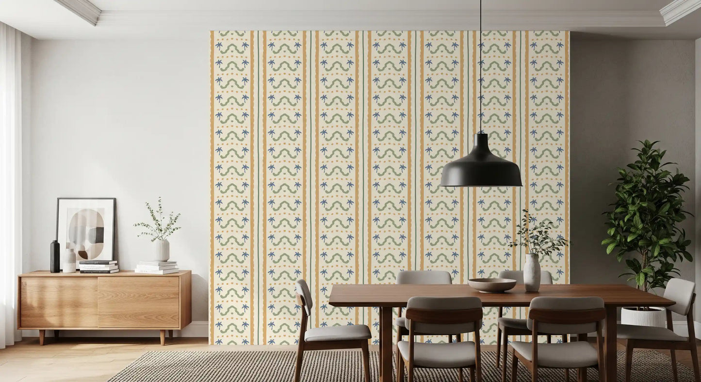 dining room highlighting a striped Marrakesh wallpaper.