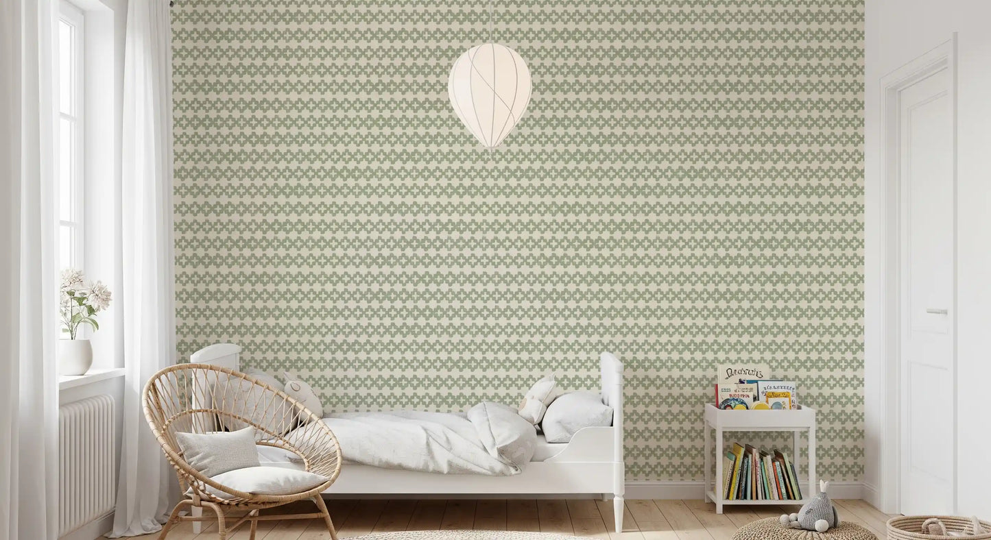 Woven cream texture warms the muted green in this Zellige Ornament wallpaper