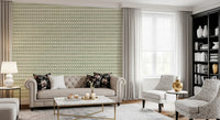 Sage cross pattern wrapping a sitting room in calm Zellige Ornament wallpaper.