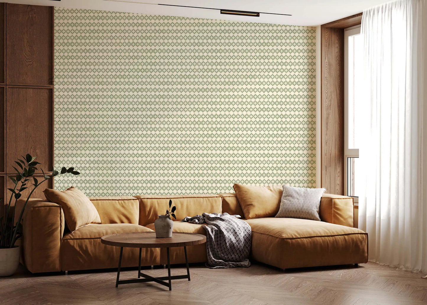 A bright, airy living room paired with Zellige Cross Ornament green wallpaper.