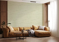 A bright, airy living room paired with Zellige Cross Ornament green wallpaper.