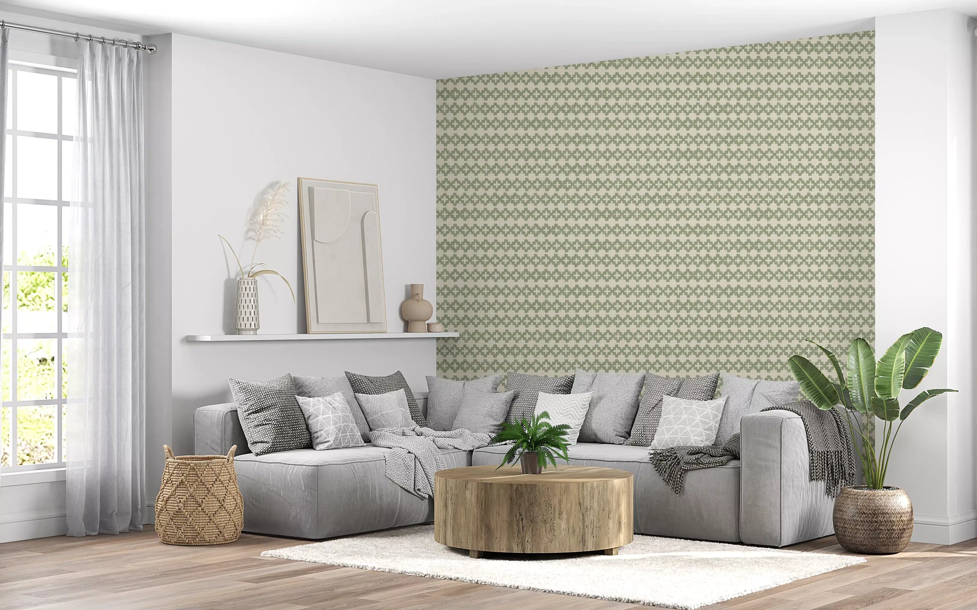 Restful living room scheme lifted by the Zellige Cross green wallpaper.
