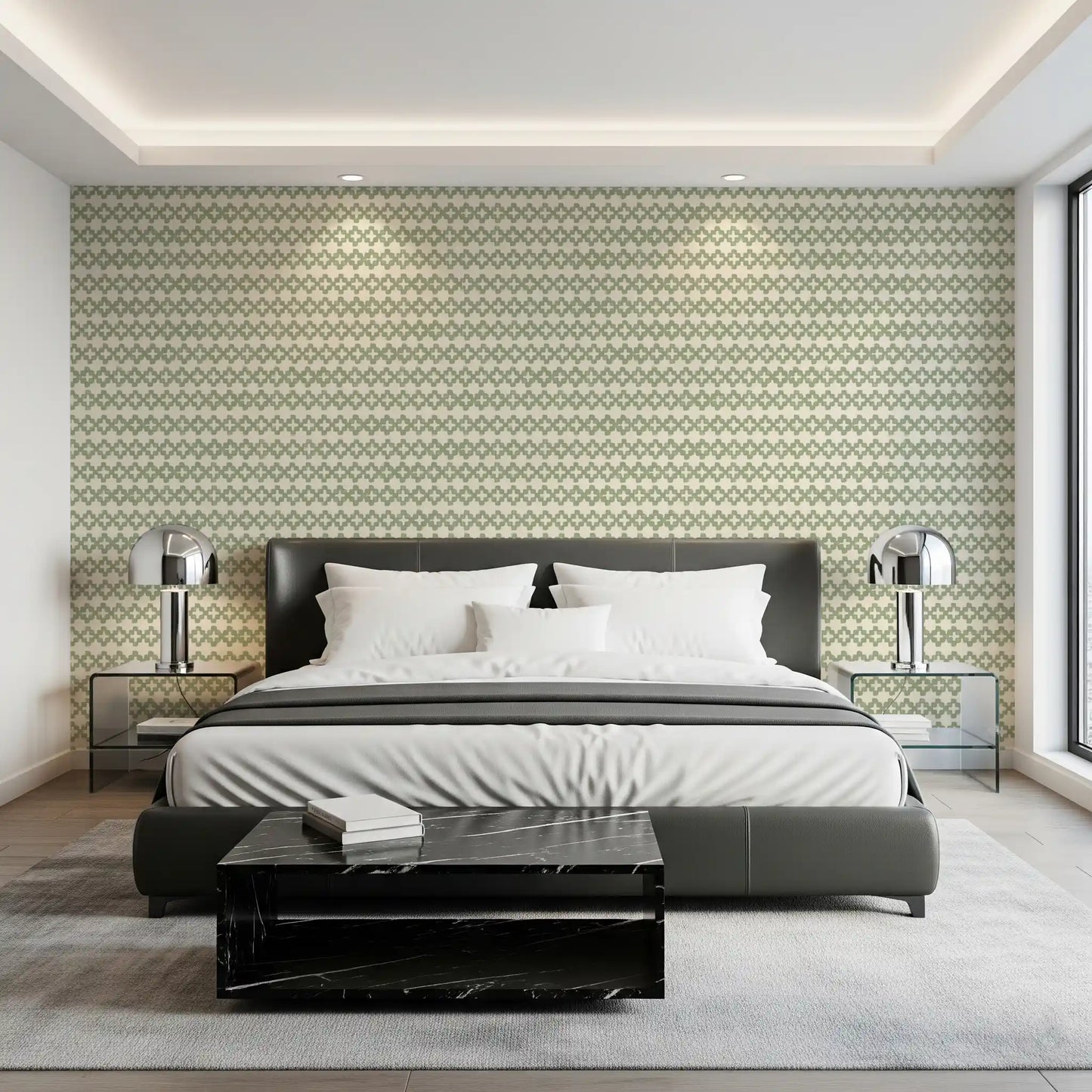 Tile-style cross links give the Zellige Cross Ornament wallpaper a calm rhythm.