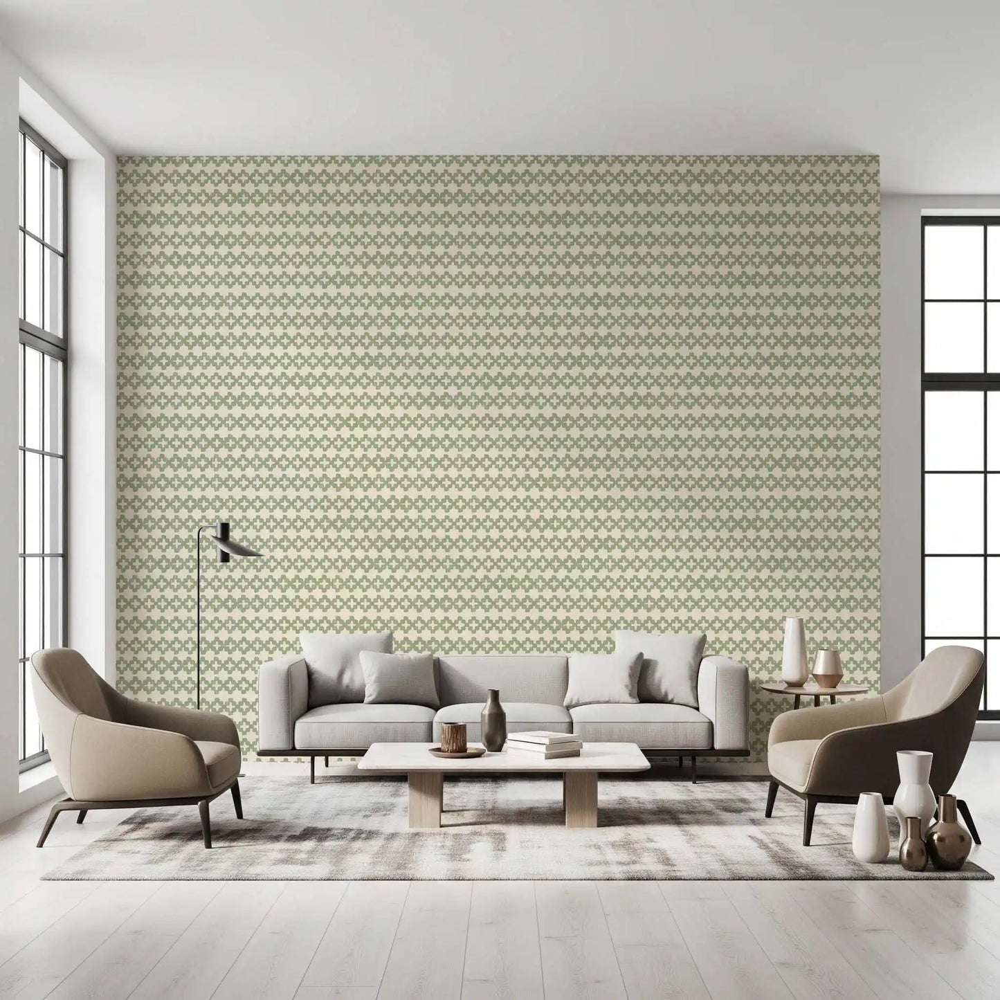 Quiet bedroom backdrop in the Zellige Cross Ornament coastal green wallpaper.