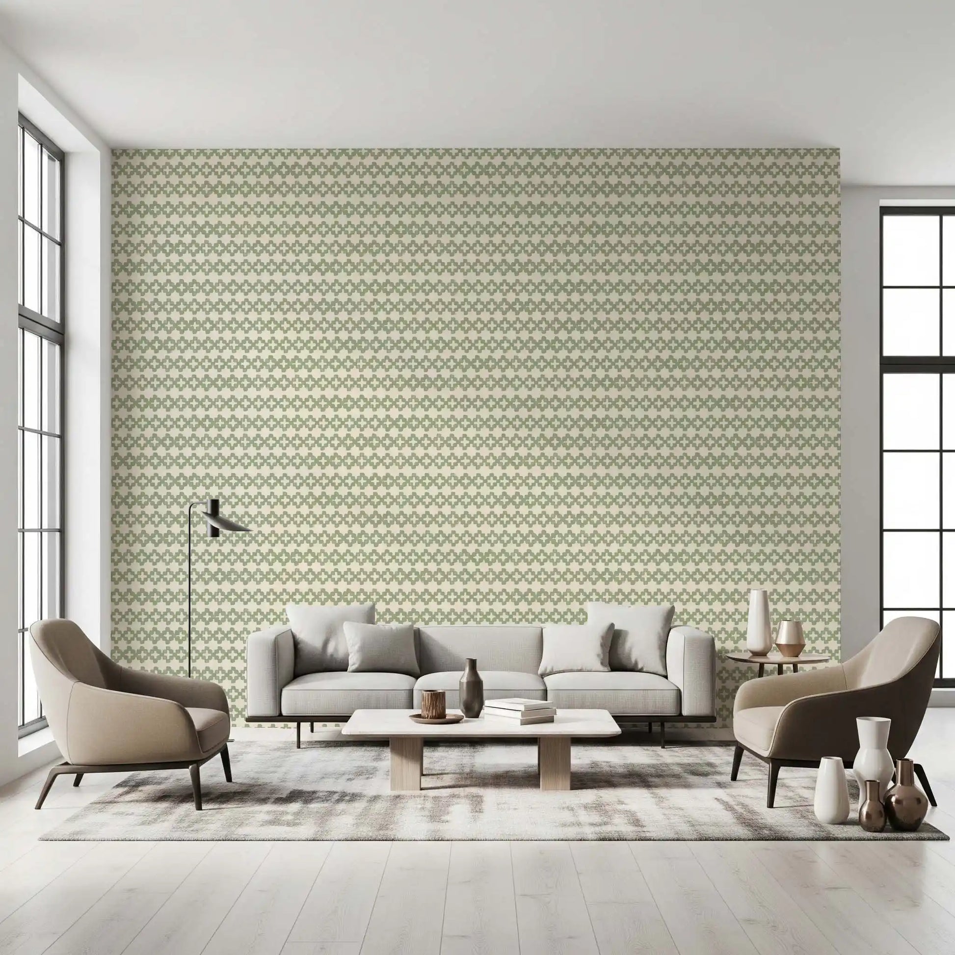 Quiet bedroom backdrop in the Zellige Cross Ornament coastal green wallpaper.