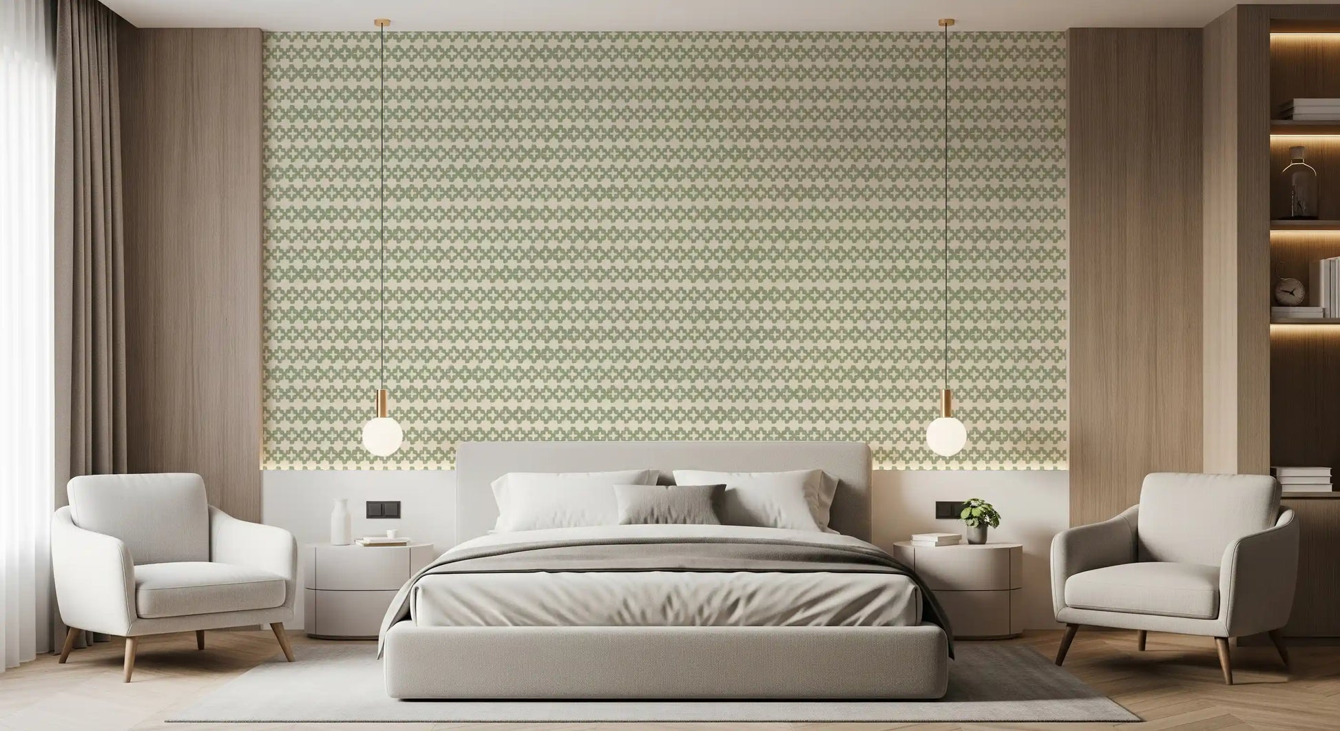 Sage green crosses on cream linen in the Zellige Cross Ornament wallpaper.