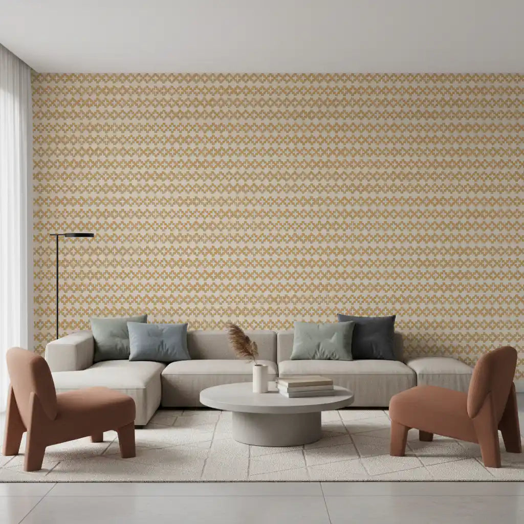 Sand plus motifs repeat in even rows over the Zellige Cross Sand wallpaper.