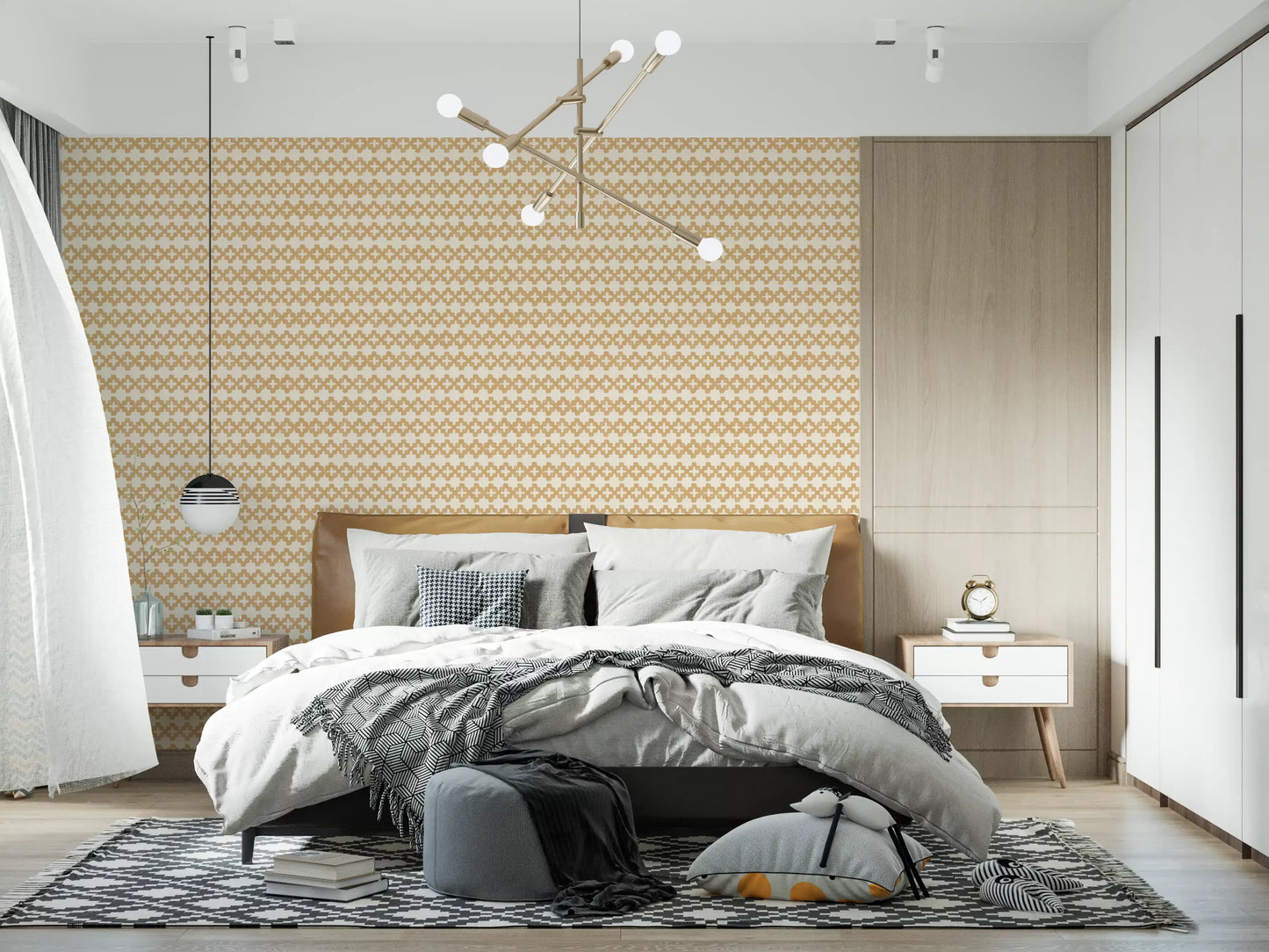 Sand-toned plus pattern fills a quiet bedroom as Zellige Cross wallpaper.