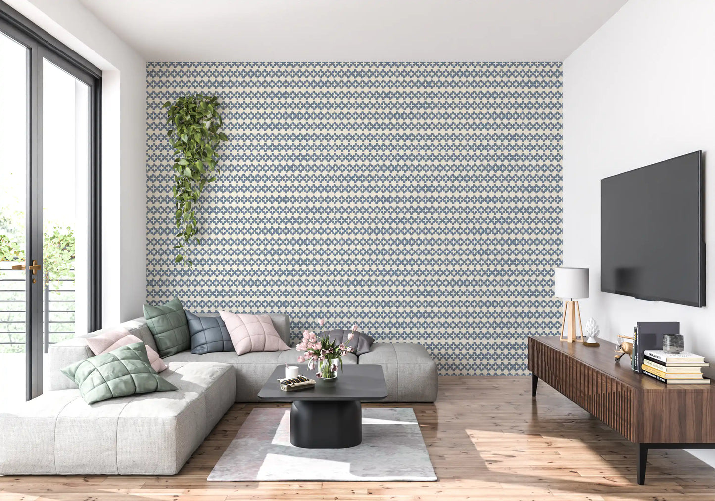 Slate blue zellige wallpaper giving the living room a calm, tiled rhythm