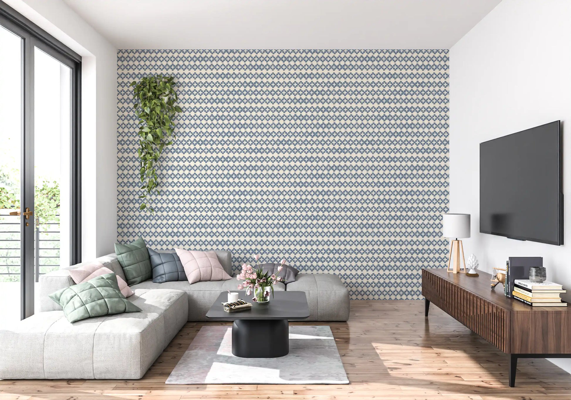 Slate blue zellige wallpaper giving the living room a calm, tiled rhythm