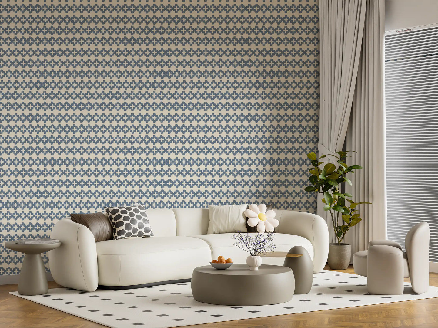 Creamy ground and blue crosses styling this living room in zellige wallpaper