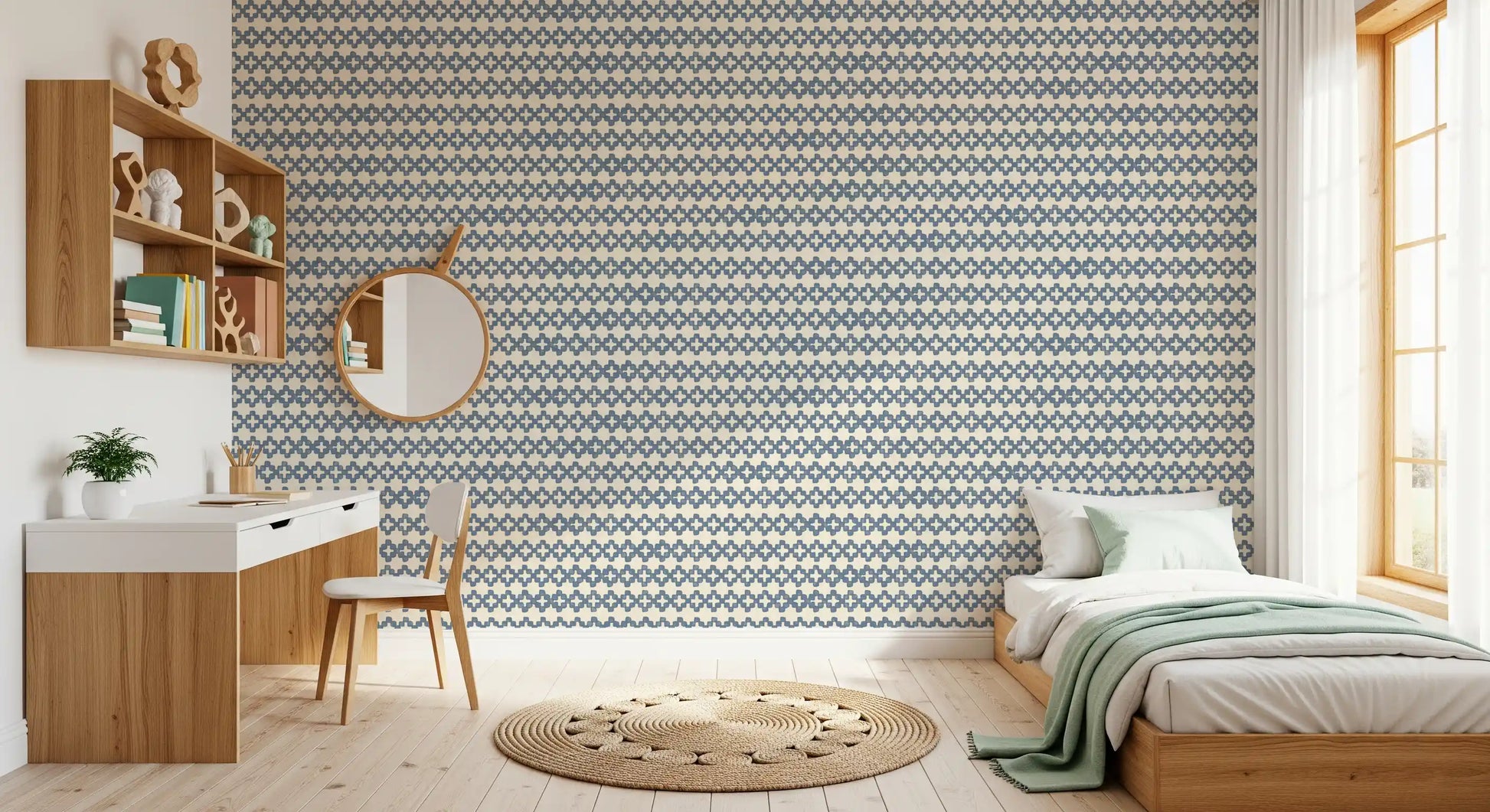 Bedroom paired with slate blue cross ornament wallpaper on cream