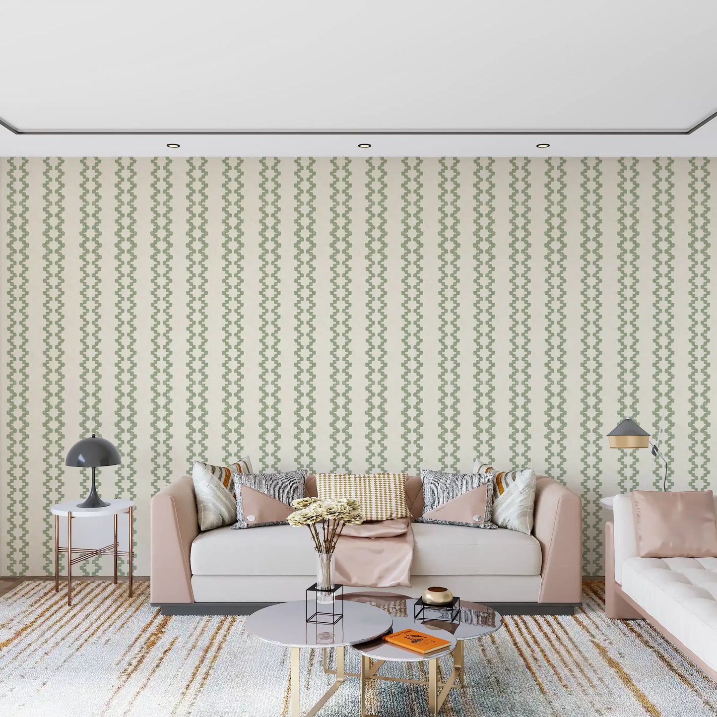 A calm living room scene backed by green ornament stripes wallpaper.