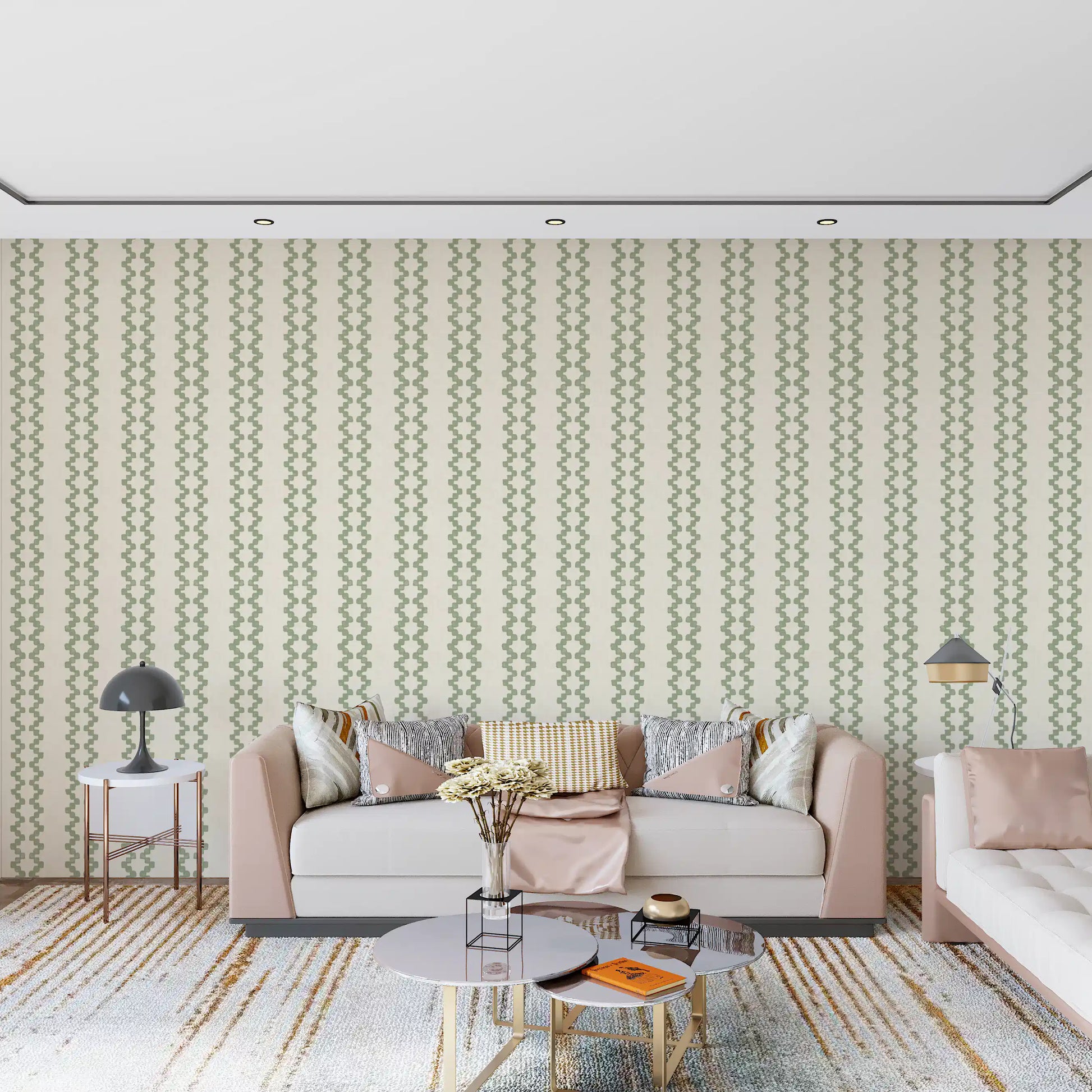 A calm living room scene backed by green ornament stripes wallpaper.