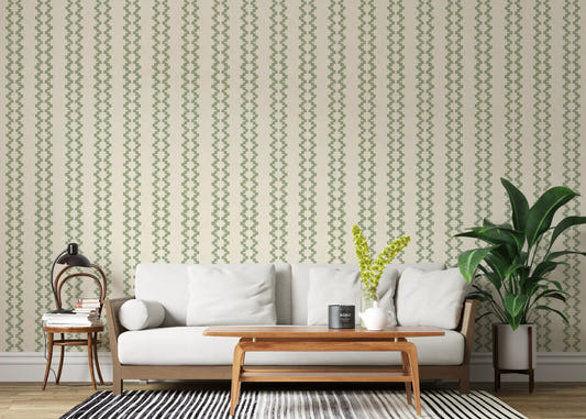 Bright living room styled with zellige striped ornament wallpaper in coastal green.