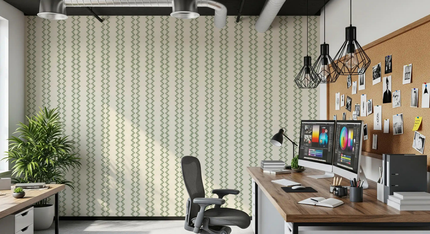 Quiet home office finished with coastal green zellige stripes wallpaper.