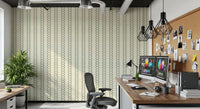 Quiet home office finished with coastal green zellige stripes wallpaper.