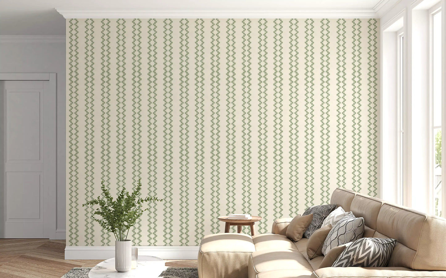 Coastal green zellige stripes wallpaper sets a calm tone in the lounge.