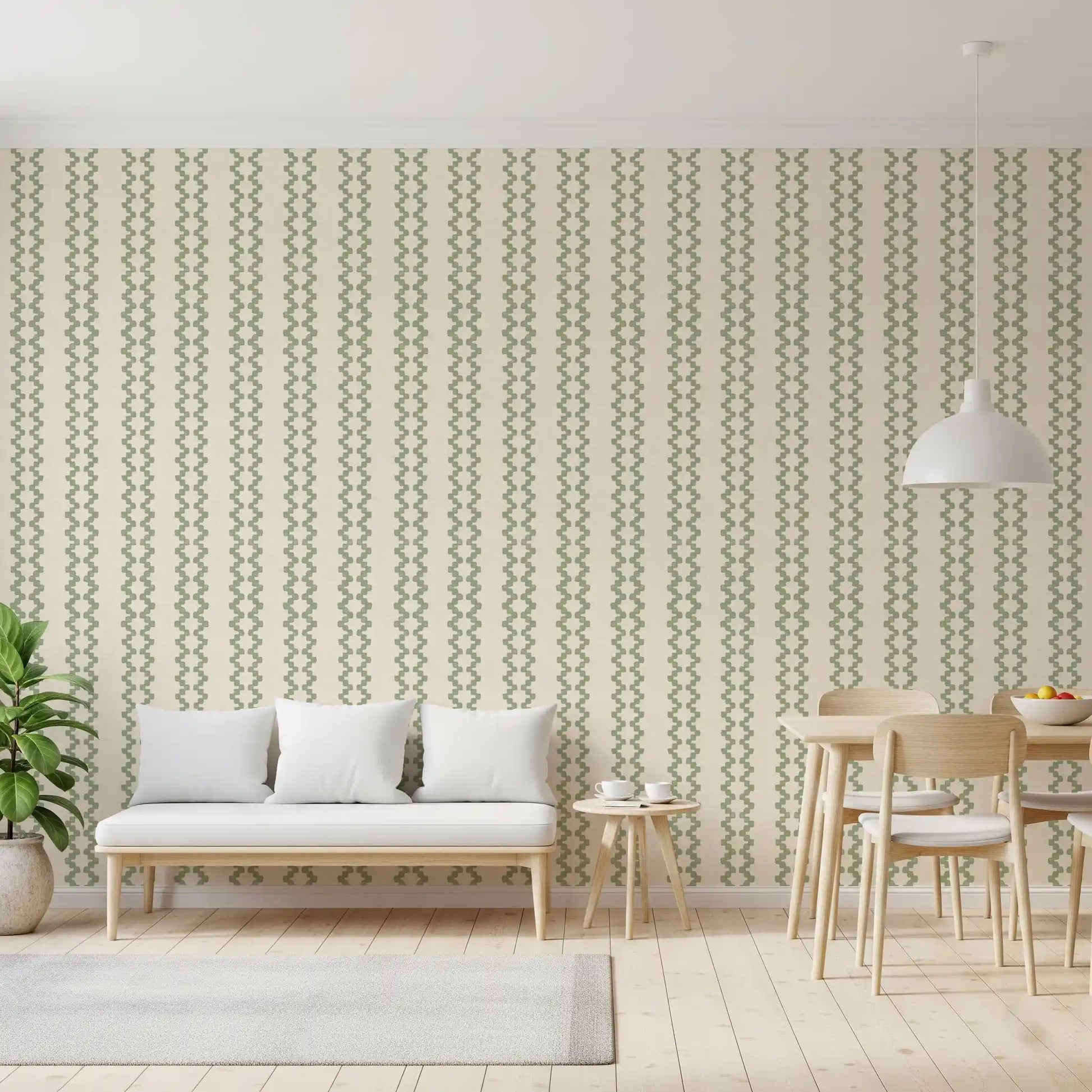 Airy dining room dressed in zellige ornament stripes wallpaper for a calm coastal mood.