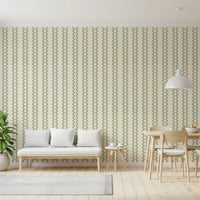Airy dining room dressed in zellige ornament stripes wallpaper for a calm coastal mood.