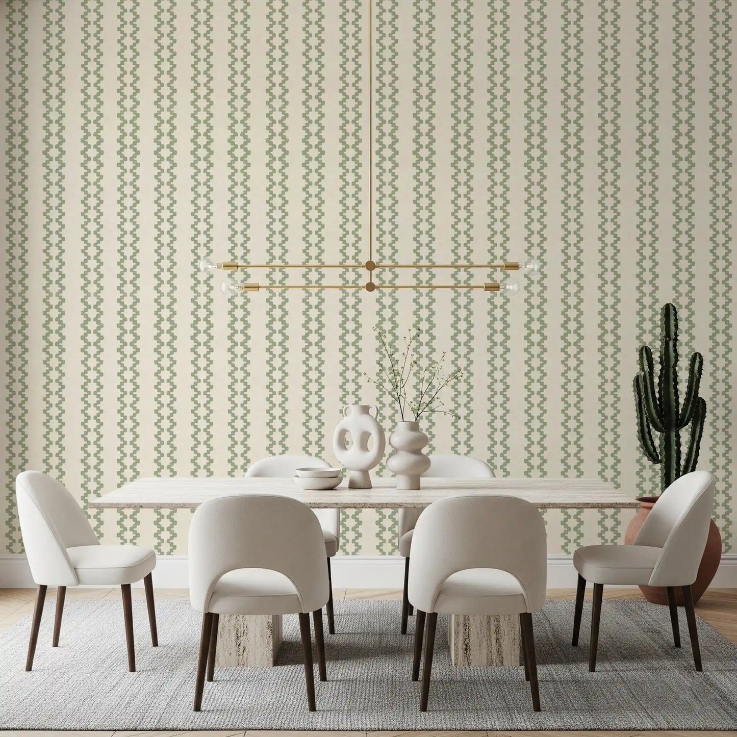 Embroidered look defines this coastal green ornament stripes wallpaper.