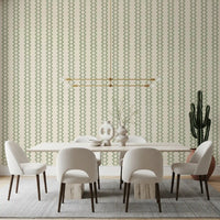 Embroidered look defines this coastal green ornament stripes wallpaper.